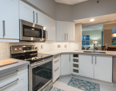 Modern kitchen appliances, featuring a dishwasher and stove, at Village By The Bay, Aventura, Florida