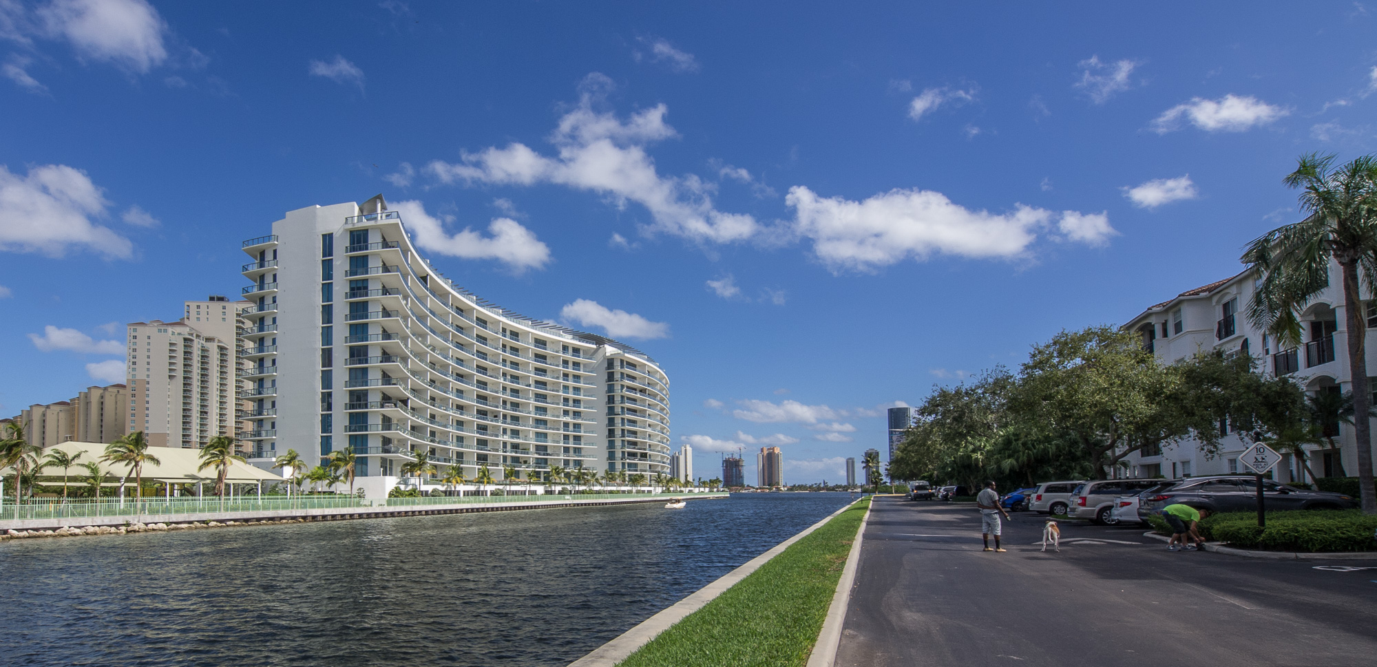 Scenic view of the tranquil canal nestled between Echo Condo building and Village By The Bay in Aventura, F...