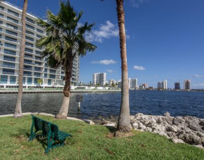 Scenic view of the Echo building and the canal entrance from Dumfoundling Bay, Aventura, Florida